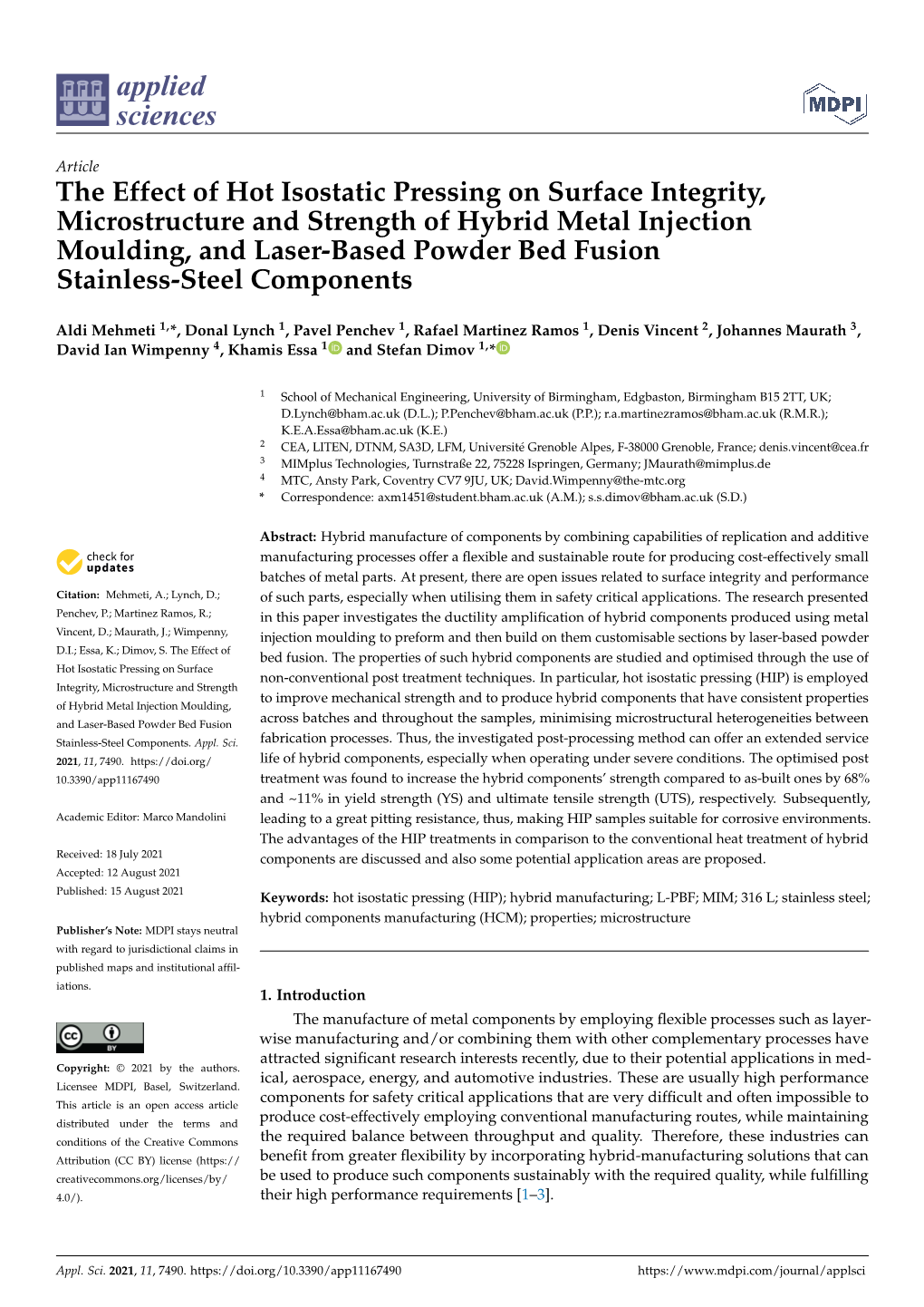 The Effect of Hot Isostatic Pressing on Surface Integrity, Microstructure And