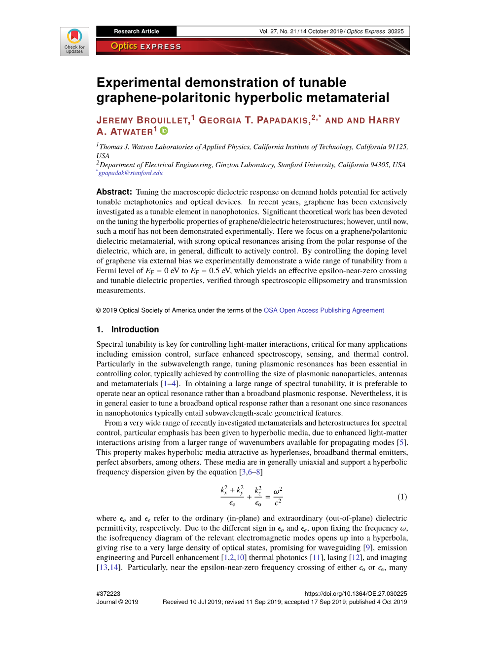 Experimental Demonstration of Tunable Graphene-Polaritonic Hyperbolic Metamaterial