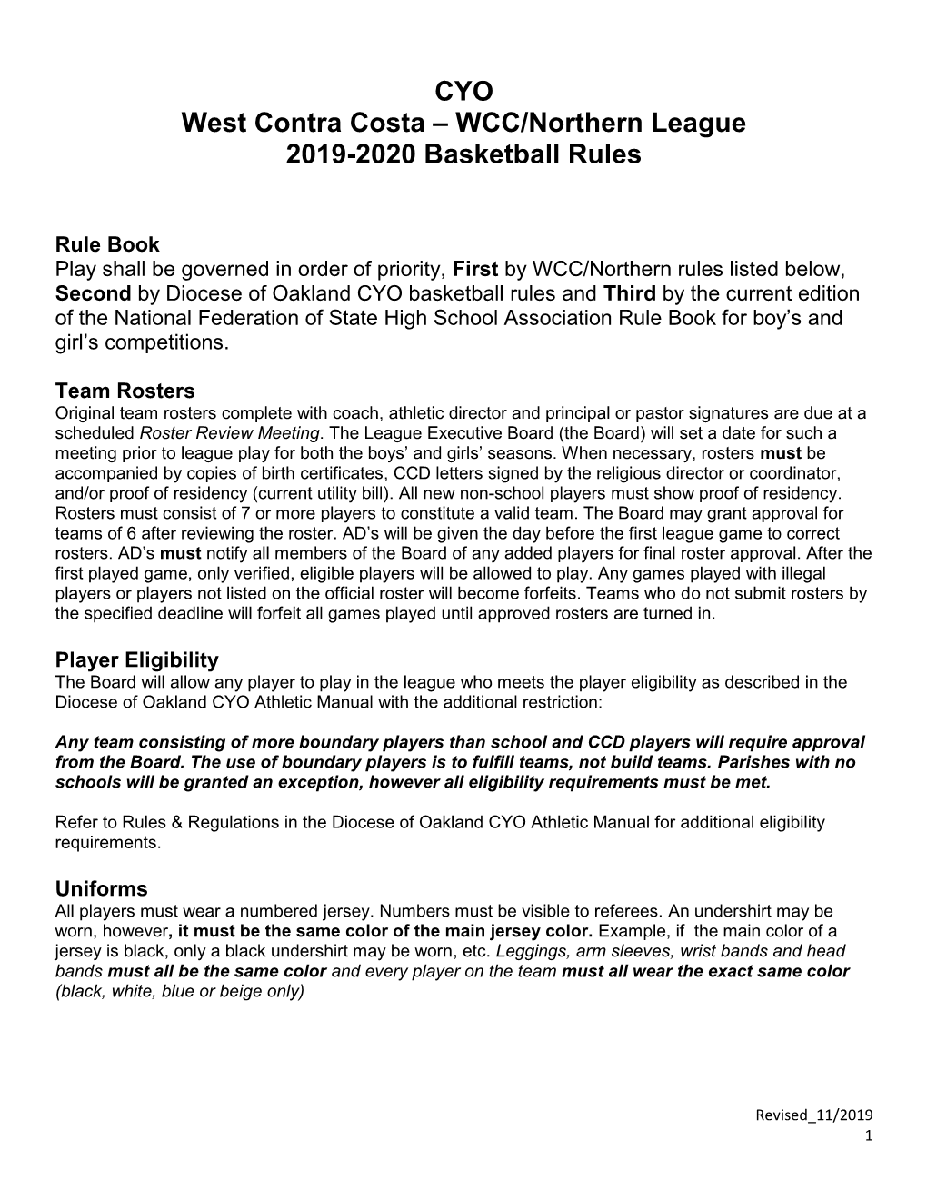 CYO West Contra Costa – WCC/Northern League 2019-2020 Basketball Rules