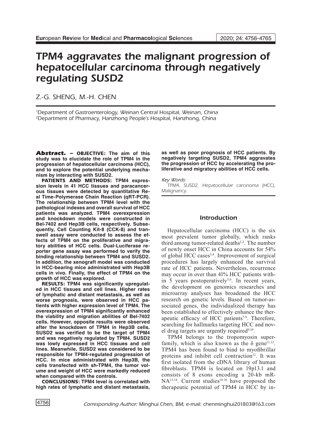 TPM4 Aggravates the Malignant Progression of Hepatocellular Carcinoma Through Negatively Regulating SUSD2