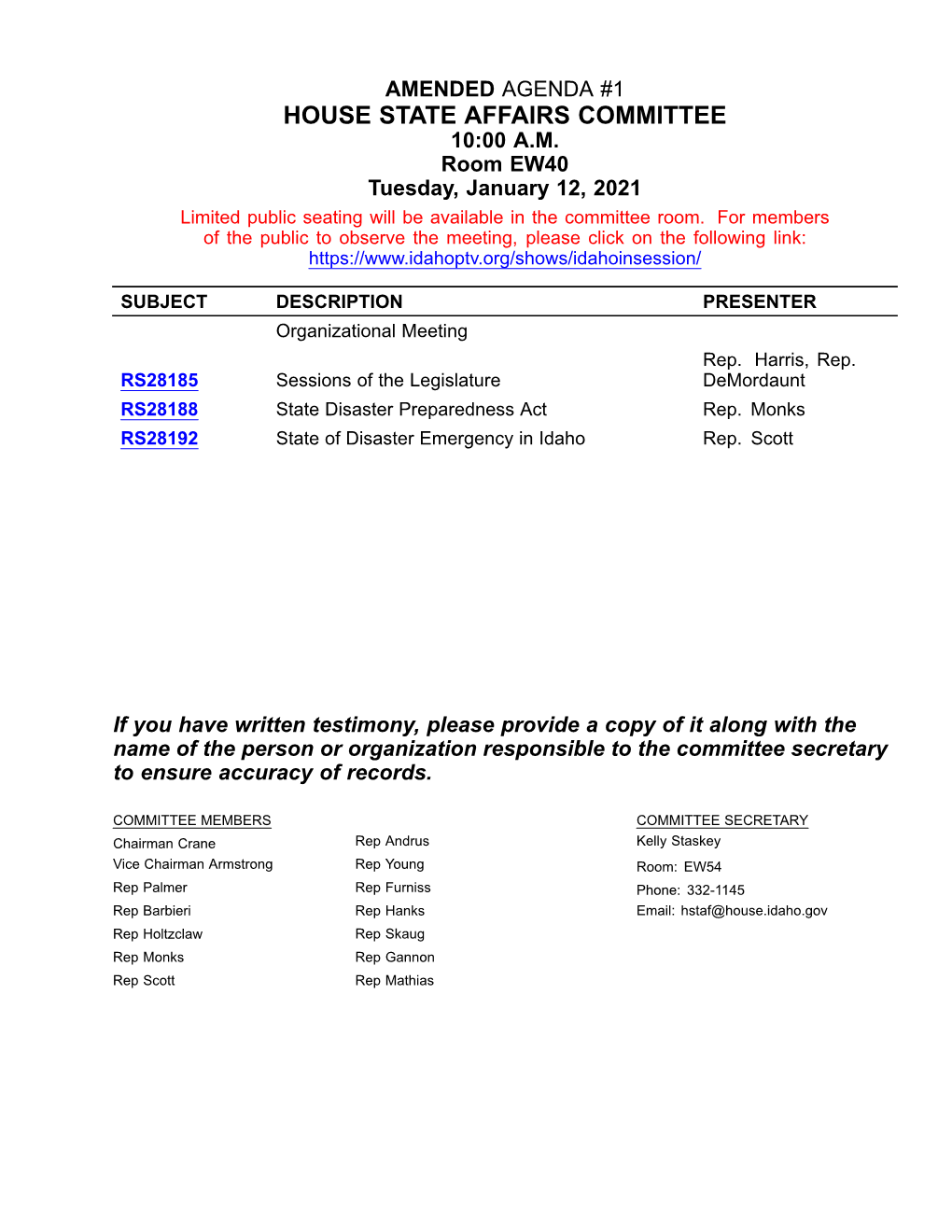 House State Affairs Committee 10:00 A.M