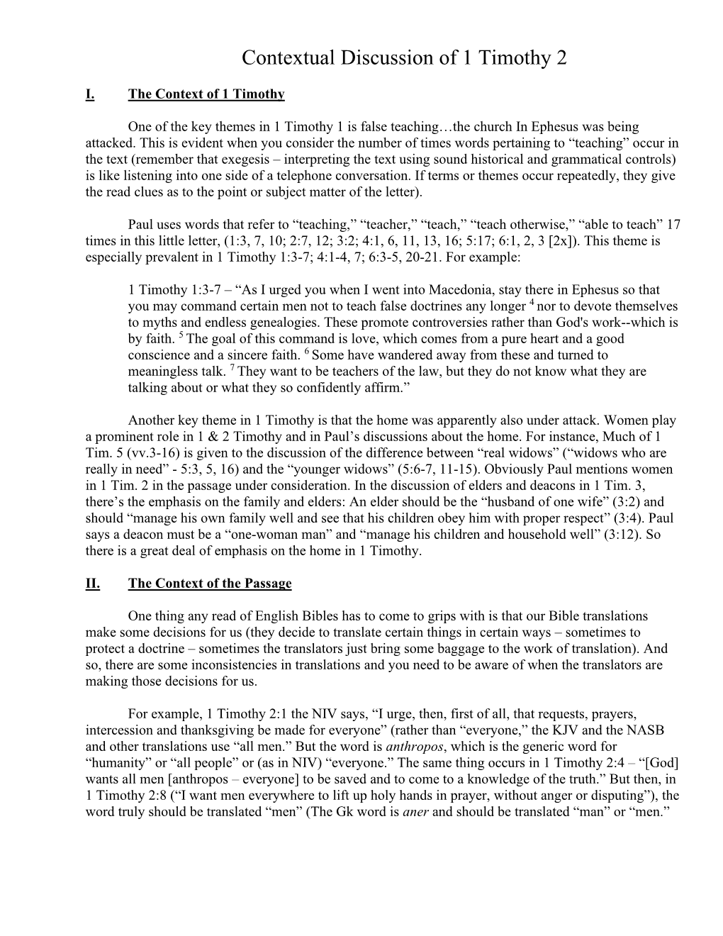 Contextual Discussion of 1 Timothy 2