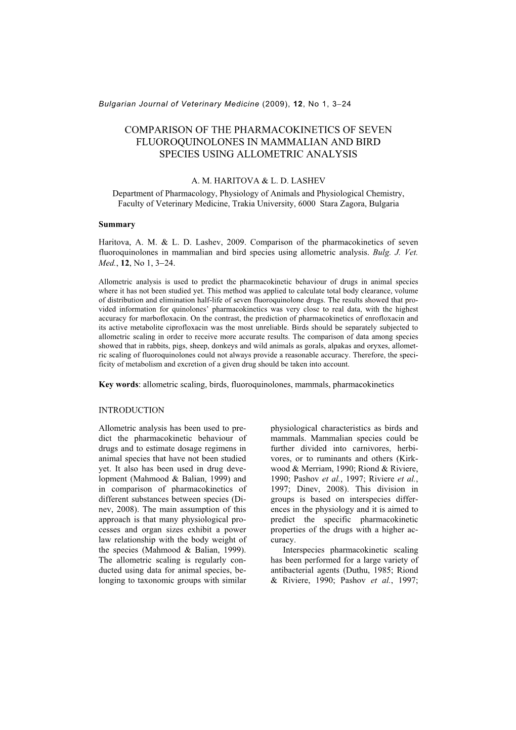 Comparison of the Pharmacokinetics of Seven Fluoroquinolones in Mammalian and Bird Species Using Allometric Analysis