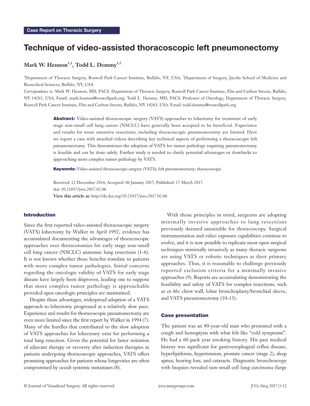 Technique of Video-Assisted Thoracoscopic Left Pneumonectomy