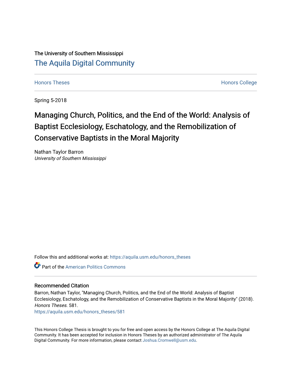 Analysis of Baptist Ecclesiology, Eschatology, and the Remobilization of Conservative Baptists in the Moral Majority