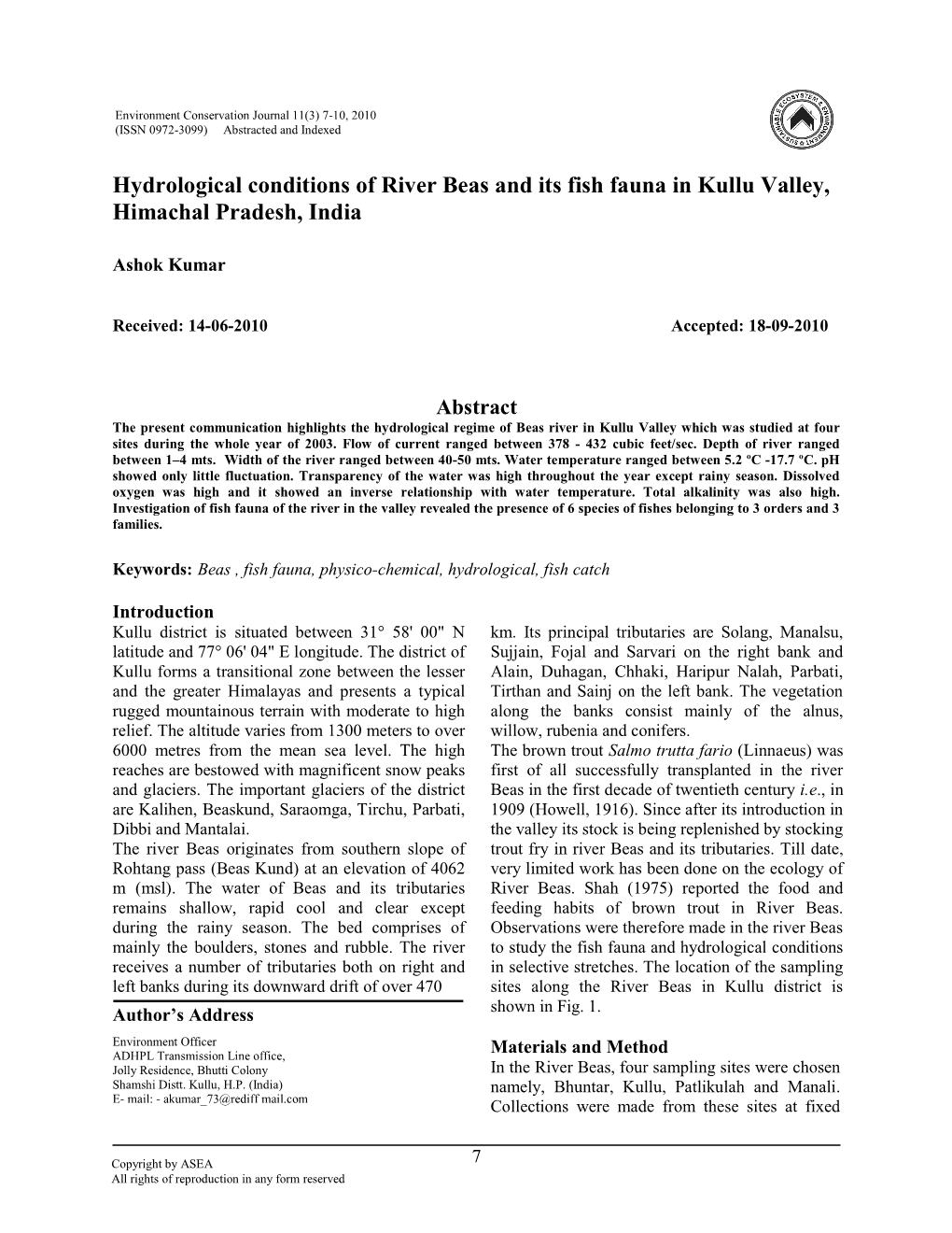 Hydrological Conditions of River Beas and Its Fish Fauna in Kullu Valley, Himachal Pradesh, India