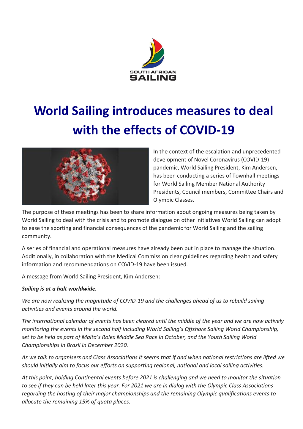 World Sailing Introduces Measures to Deal with the Effects of COVID-19