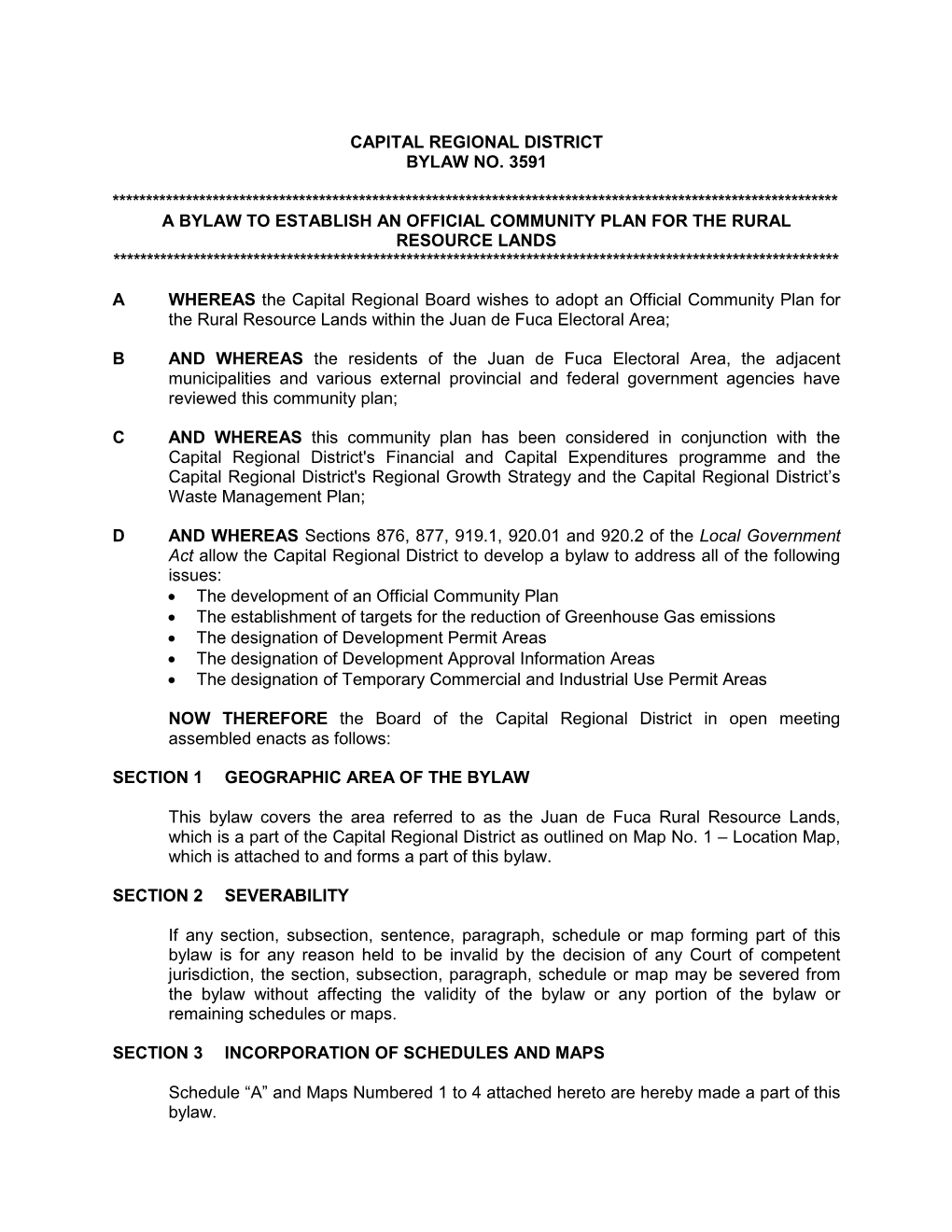 Official Community Plan for the Rural Resource Lands, Bylaw No. 1, 2009"