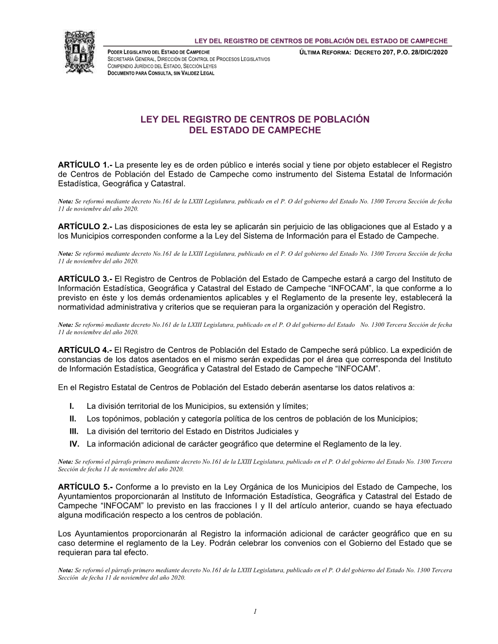 Ley Del Registro De Centros De Población Del Estado De Campeche