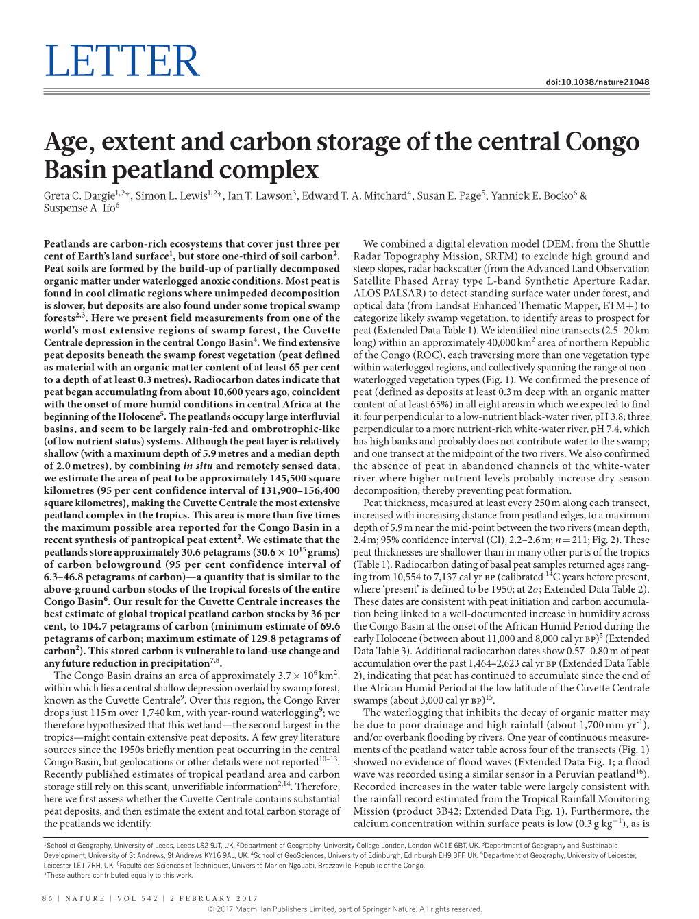 Age, Extent and Carbon Storage of the Central Congo Basin Peatland Complex Greta C