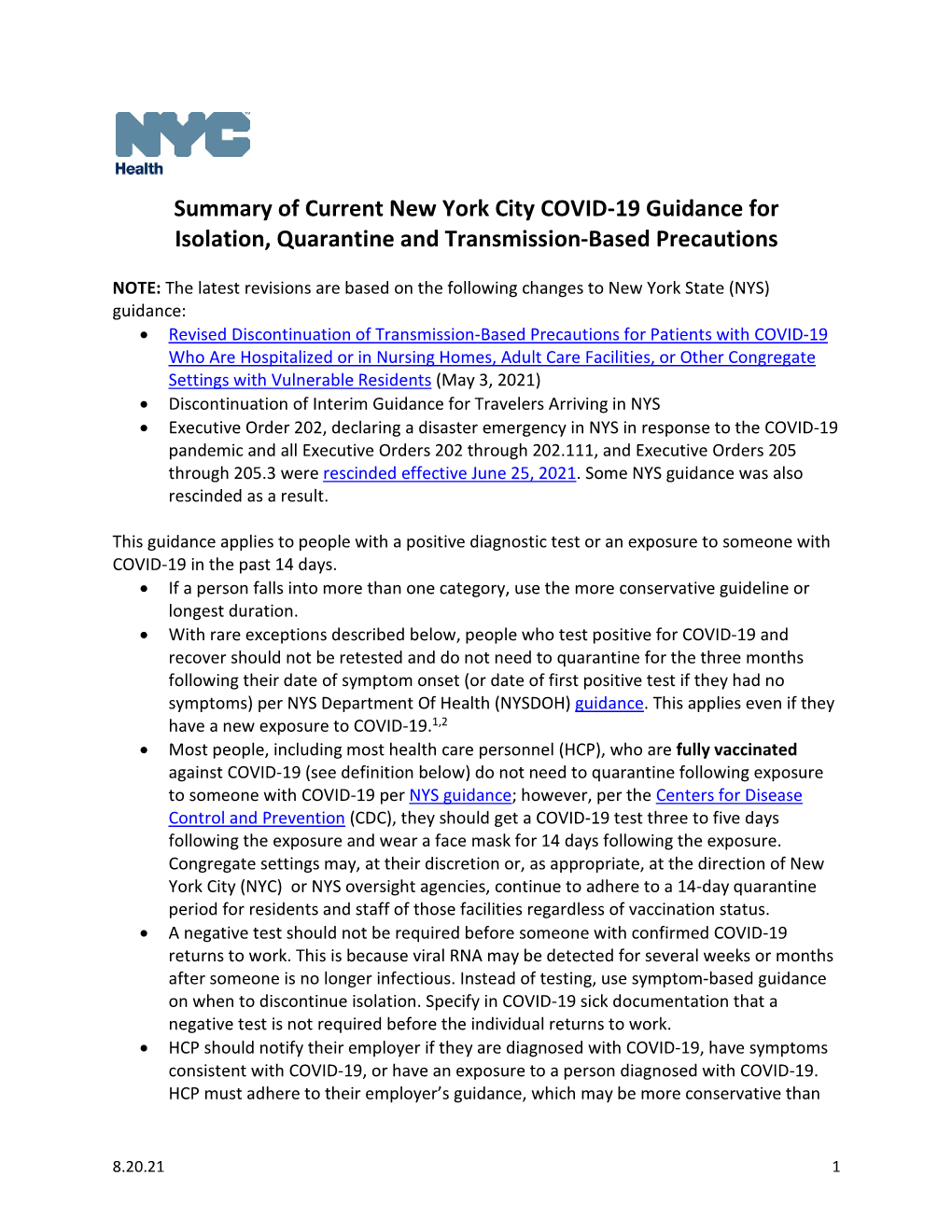 Summary of Current New York City COVID-19 Guidance for Quarantine