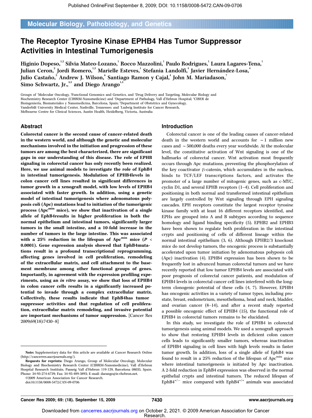 The Receptor Tyrosine Kinase EPHB4 Has Tumor Suppressor Activities in Intestinal Tumorigenesis