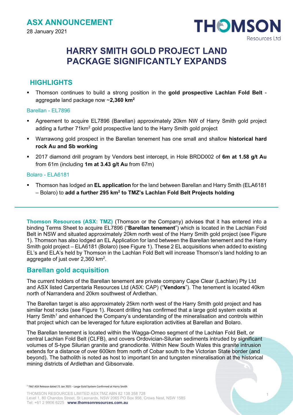 ASX ANNOUNCEMENT 28 January 2021