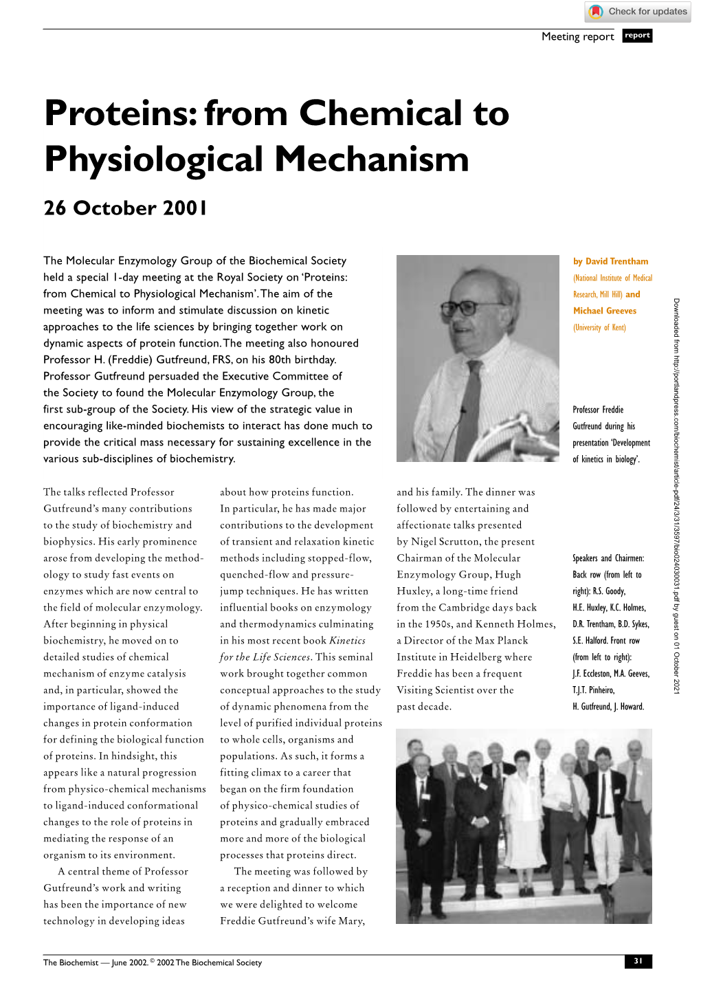 Proteins: from Chemical to Physiological Mechanism 26 October 2001