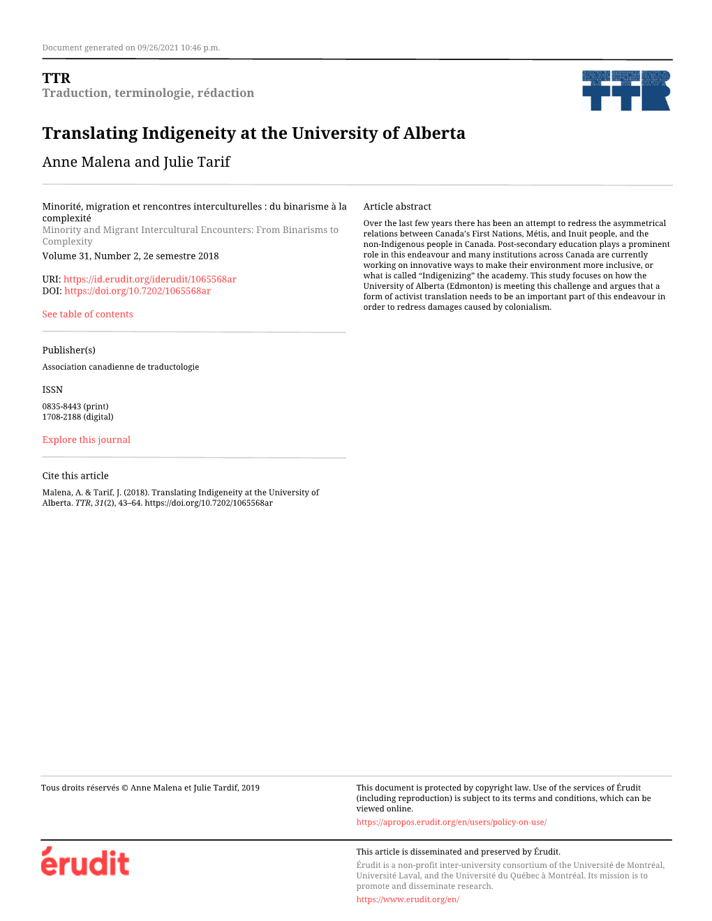 Translating Indigeneity at the University of Alberta Anne Malena and Julie Tarif