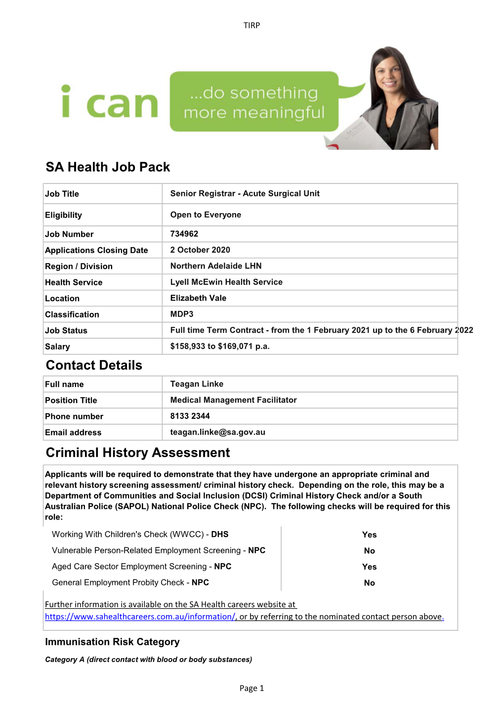 SA Health Job Pack Contact Details Criminal History Assessment
