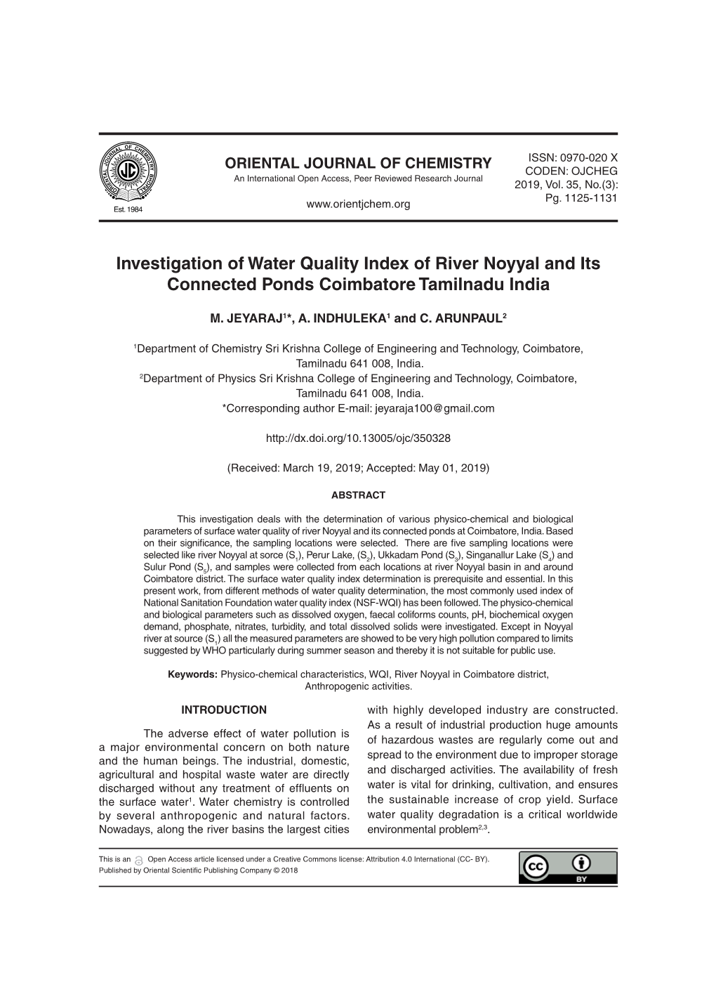 Investigation of Water Quality Index of River Noyyal and Its Connected Ponds Coimbatore Tamilnadu India