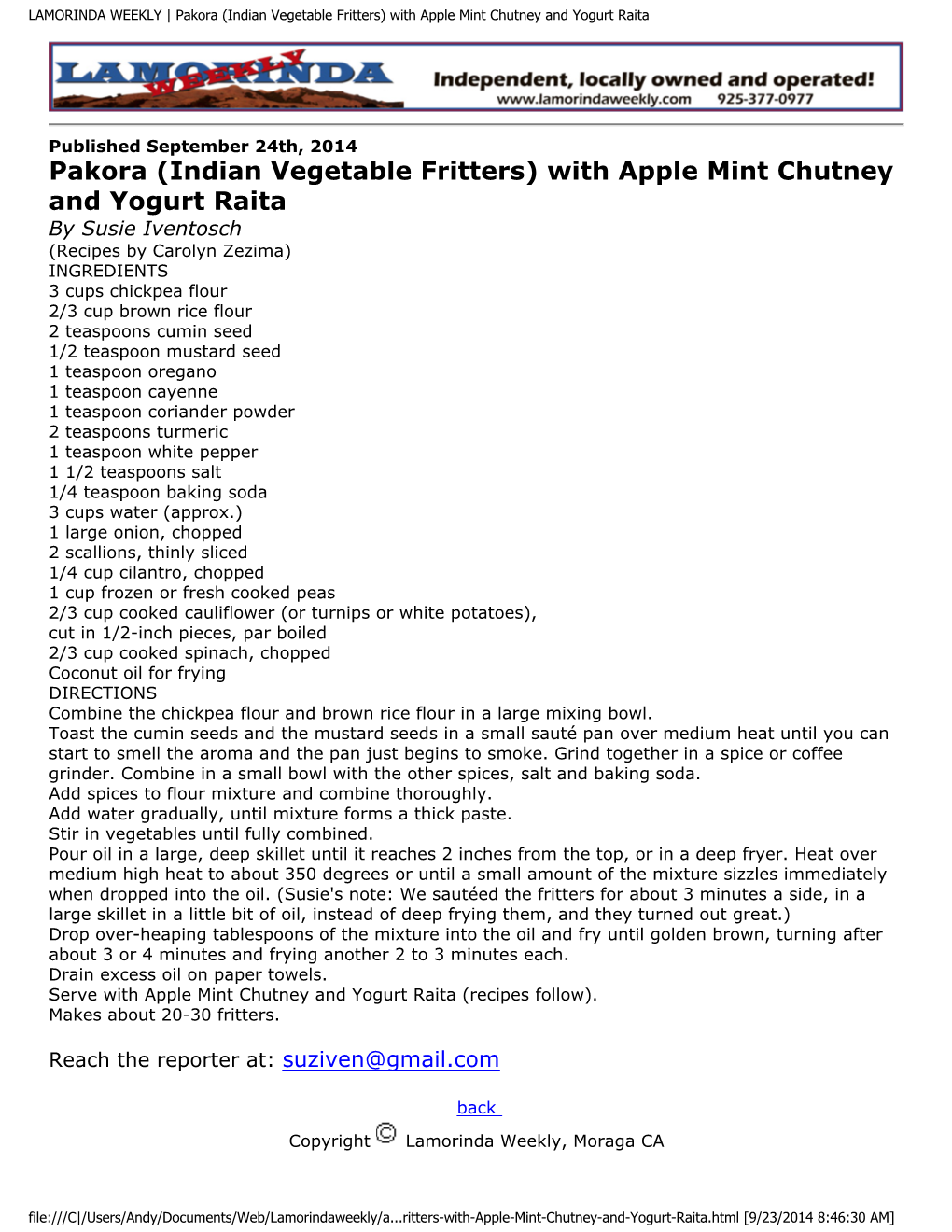 Pakora (Indian Vegetable Fritters) with Apple Mint Chutney and Yogurt Raita