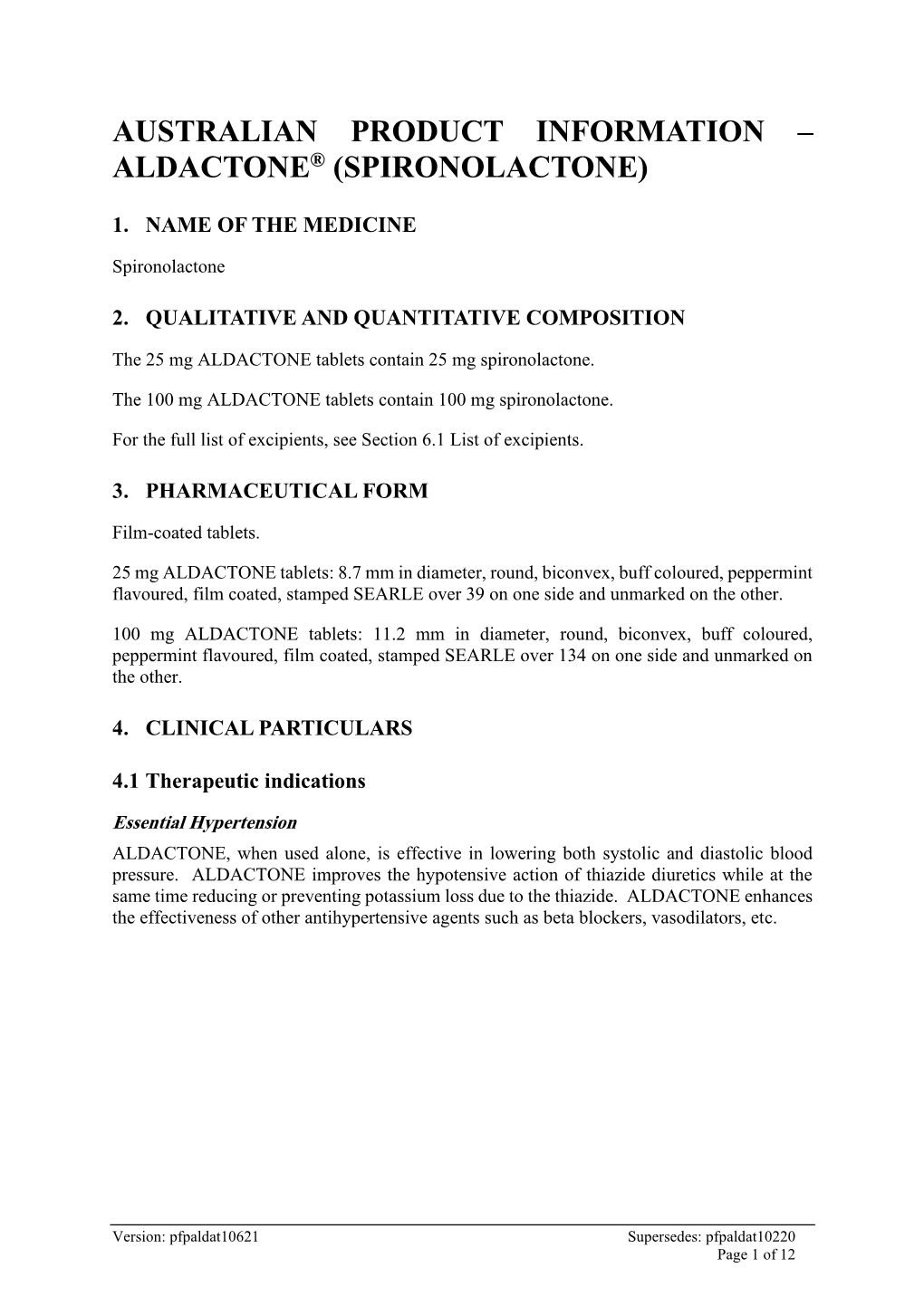 Australian Product Information – Aldactone® (Spironolactone)