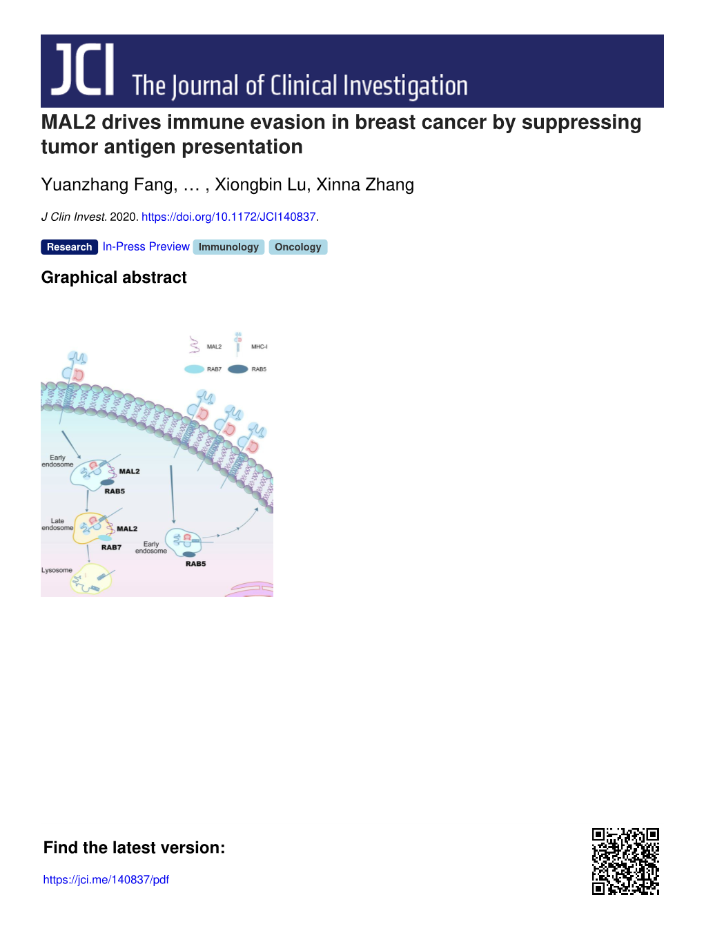MAL2 Drives Immune Evasion in Breast Cancer by Suppressing Tumor Antigen Presentation