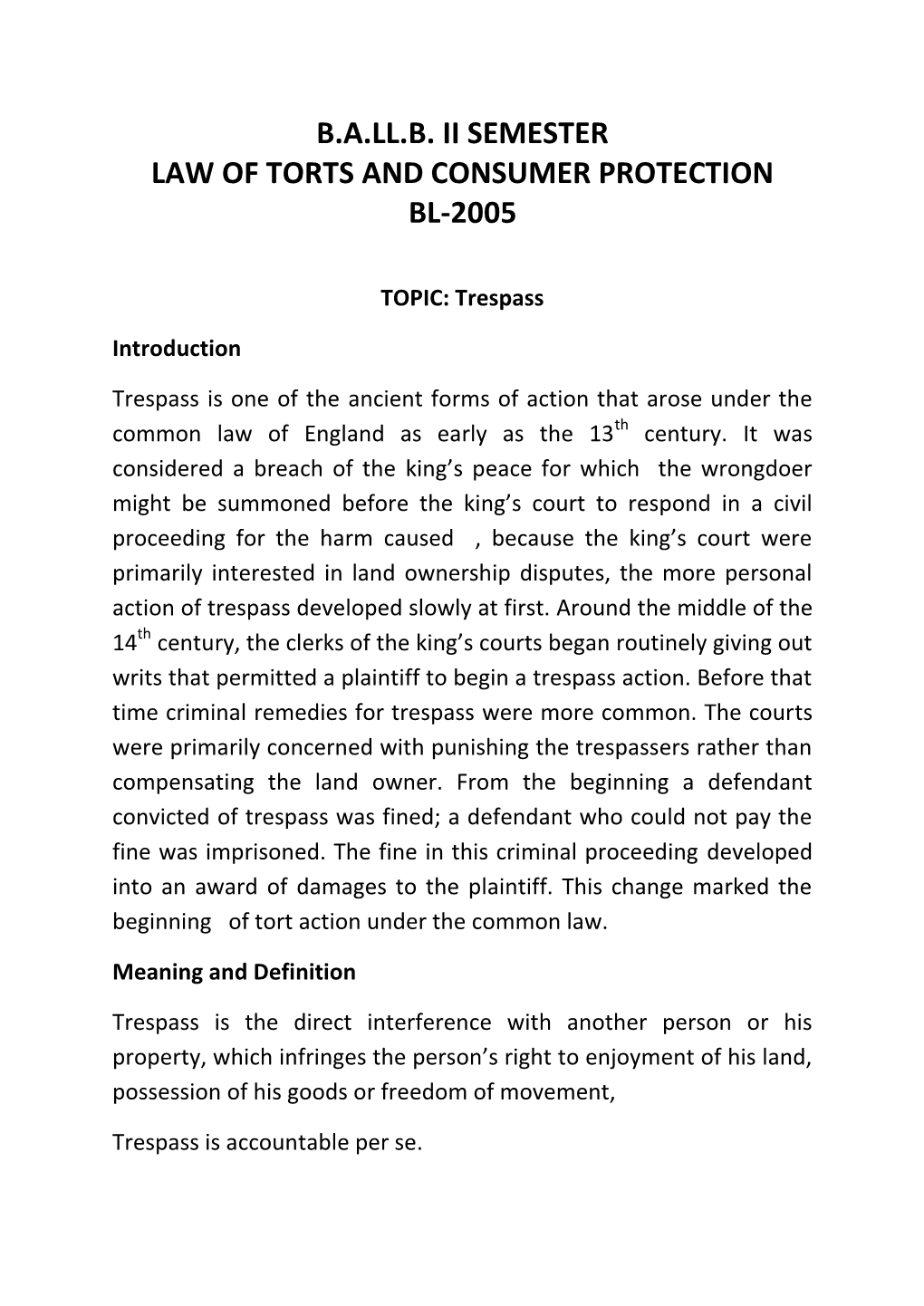 Law of Torts and Consumer Protection Bl-2005