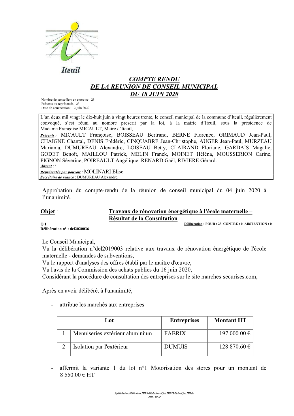 CR CM Du 18 Juin 2020.Doc Page 1 Sur 10 - Modifie Le Coût Opération À 360 000.00 € HT