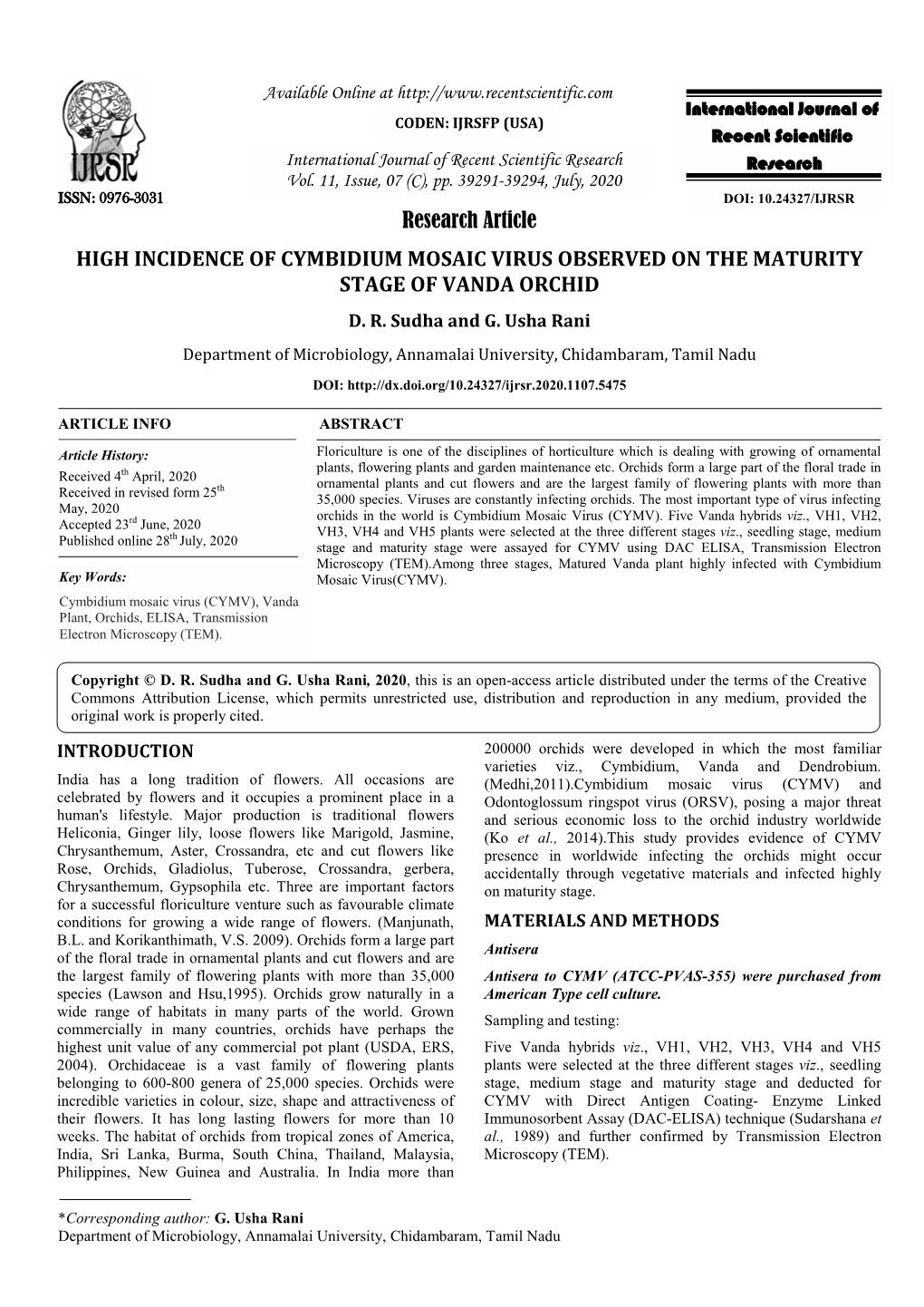 Research Article HIGH INCIDENCE of CYMBIDIUM MOSAIC VIRUS