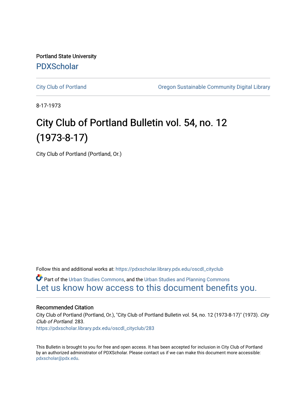 City Club of Portland Bulletin Vol. 54, No. 12 (1973-8-17)