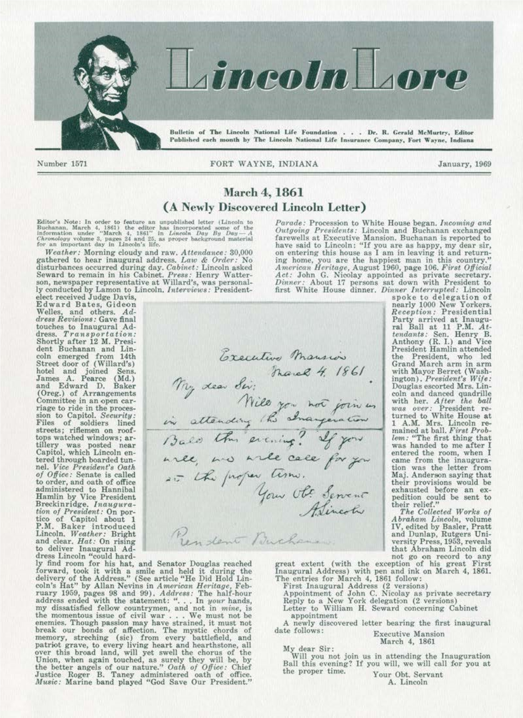 A Newly Discovered Lincoln Letter) Edltor'• Not.E: [N Ordt!'F' to Fh.Tute an Unpubliabt!Cl Letter (Lincojr, to Parad•: Proeessi()N to White Rouse Began