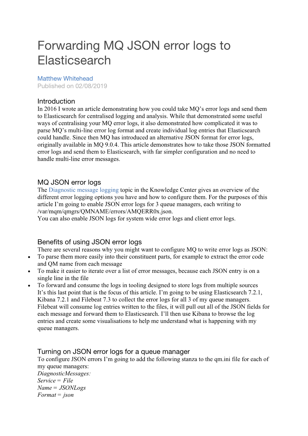 Forwarding MQ JSON Error Logs to Elasticsearch