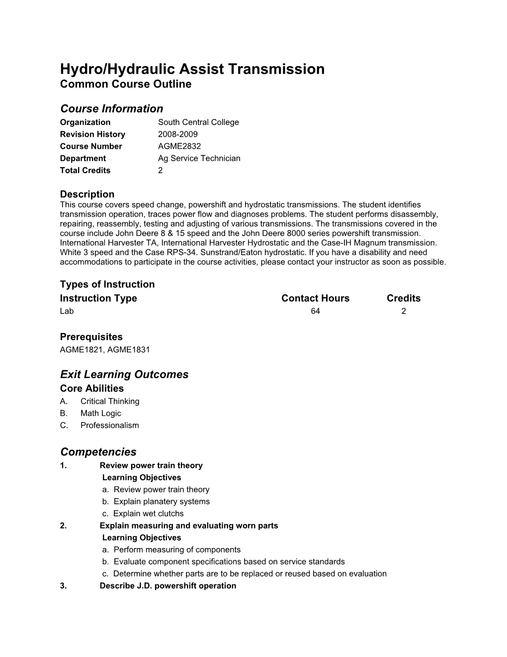 Hydro/Hydraulic Assist Transmission Common Course Outline