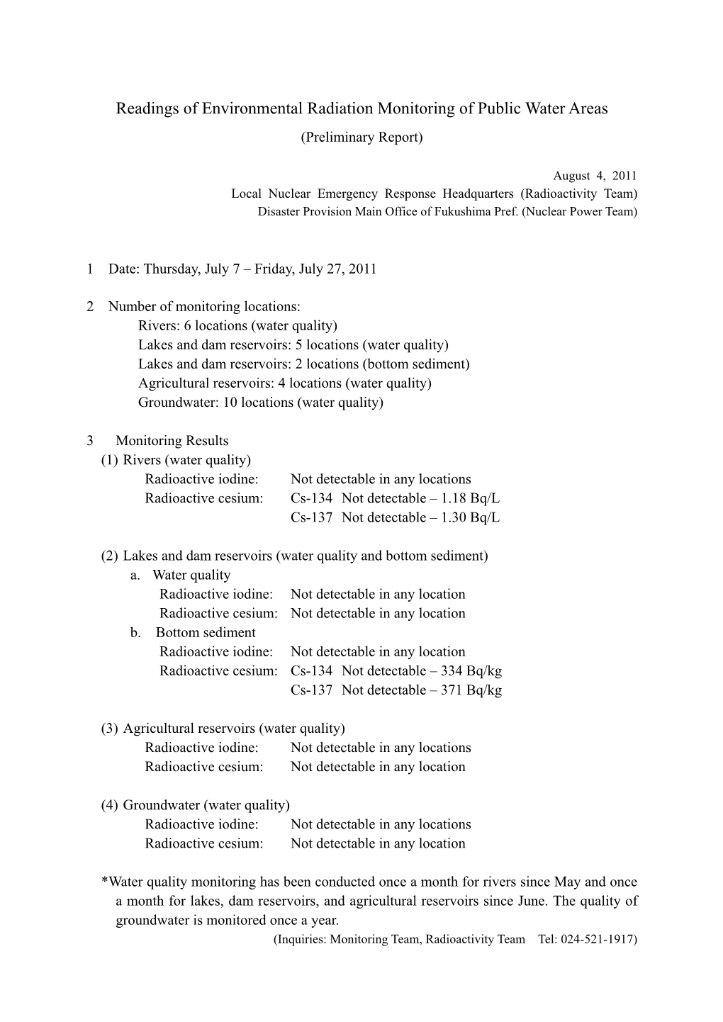 Readings of Environmental Radiation Monitoring of Public Water Areas (Preliminary Report)