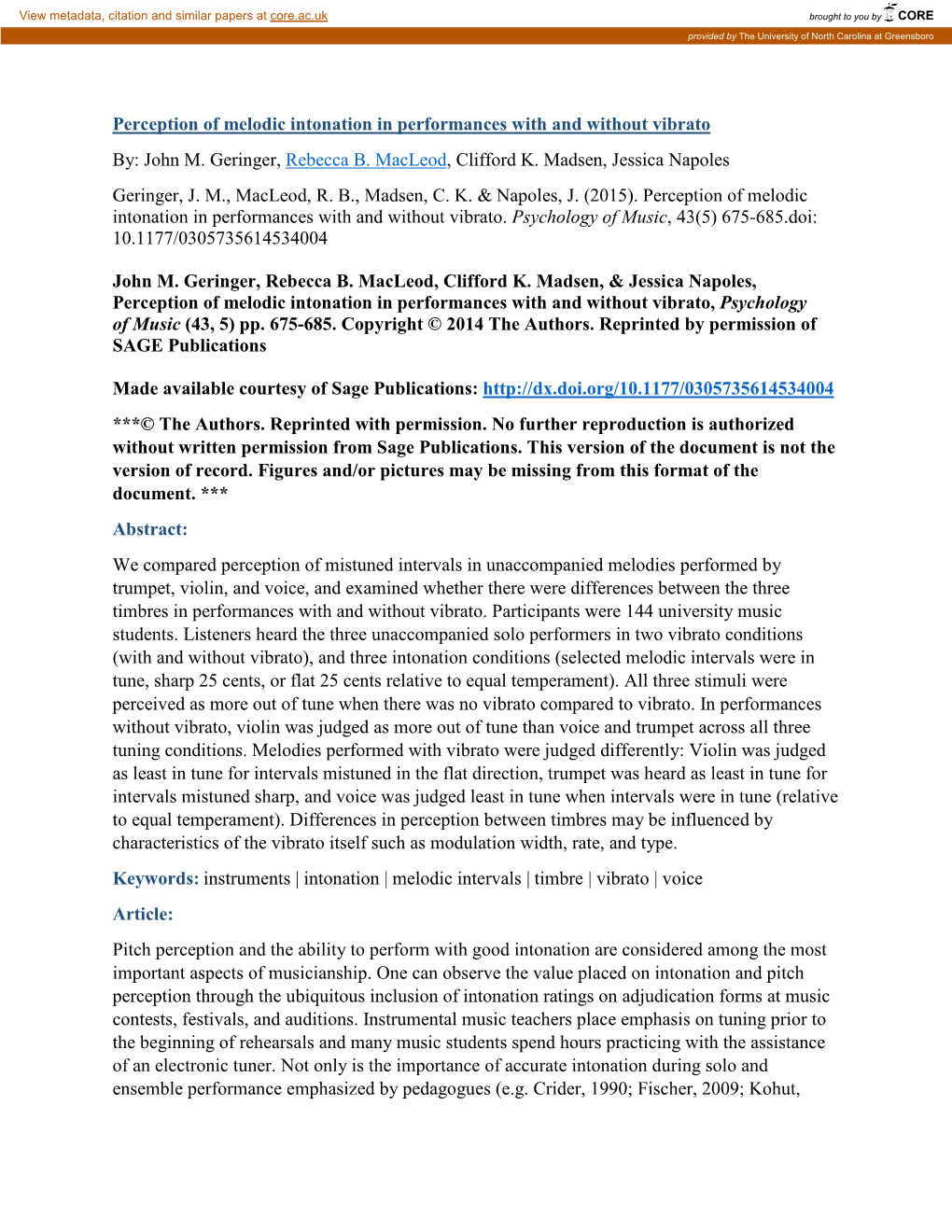 Perception of Melodic Intonation in Performances with and Without Vibrato By: John M