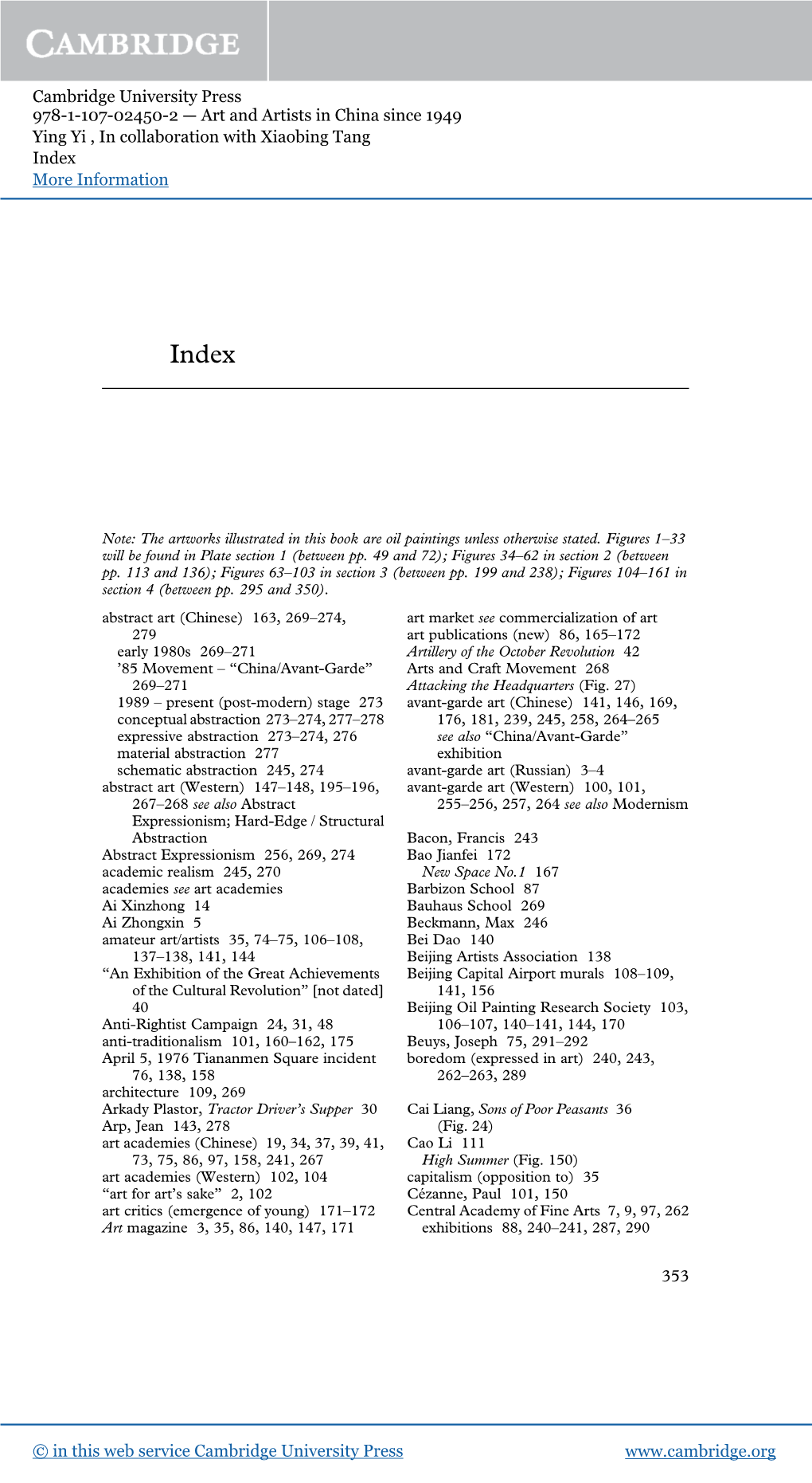 Cambridge University Press 978-1-107-02450-2 — Art and Artists in China Since 1949 Ying Yi , in Collaboration with Xiaobing Tang Index More Information