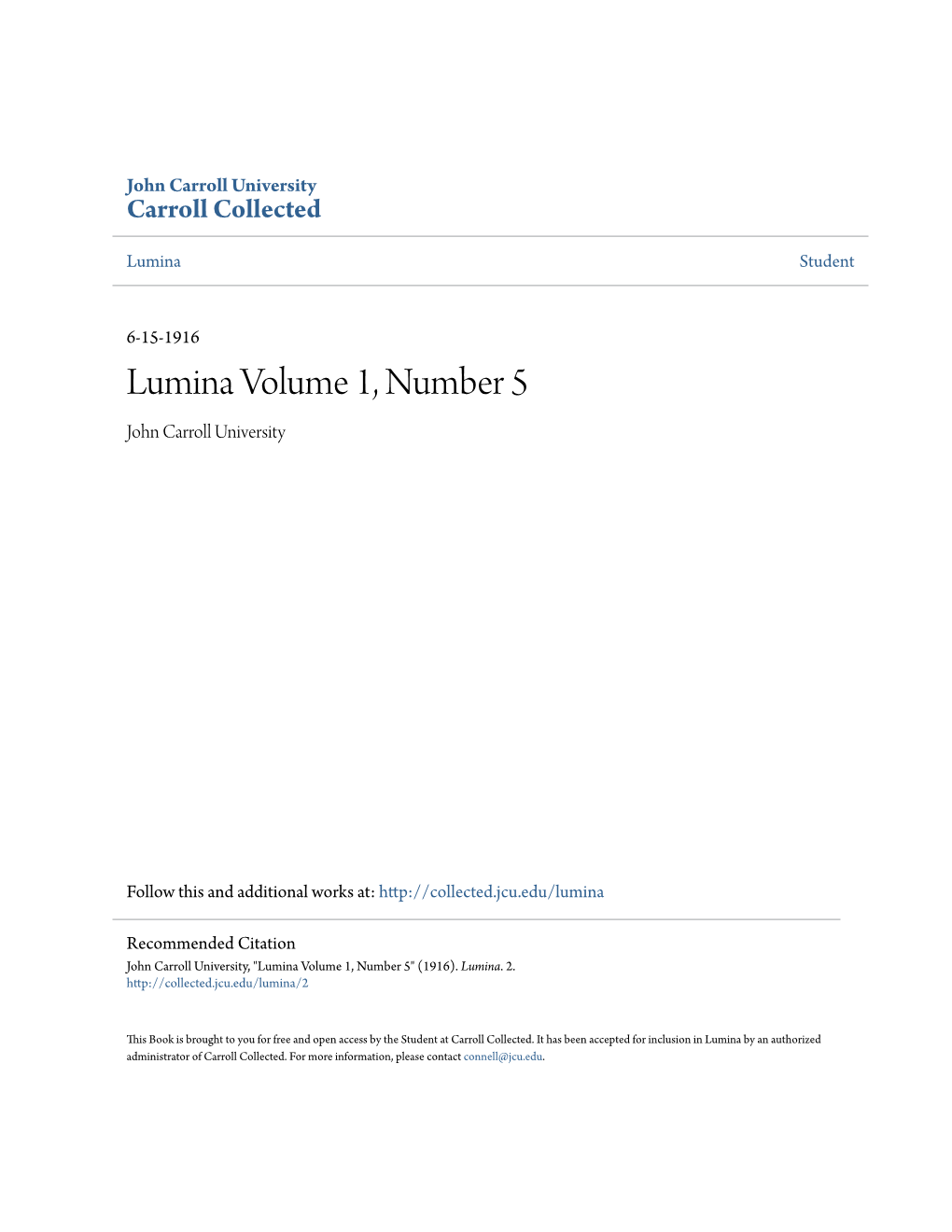 Lumina Volume 1, Number 5 John Carroll University