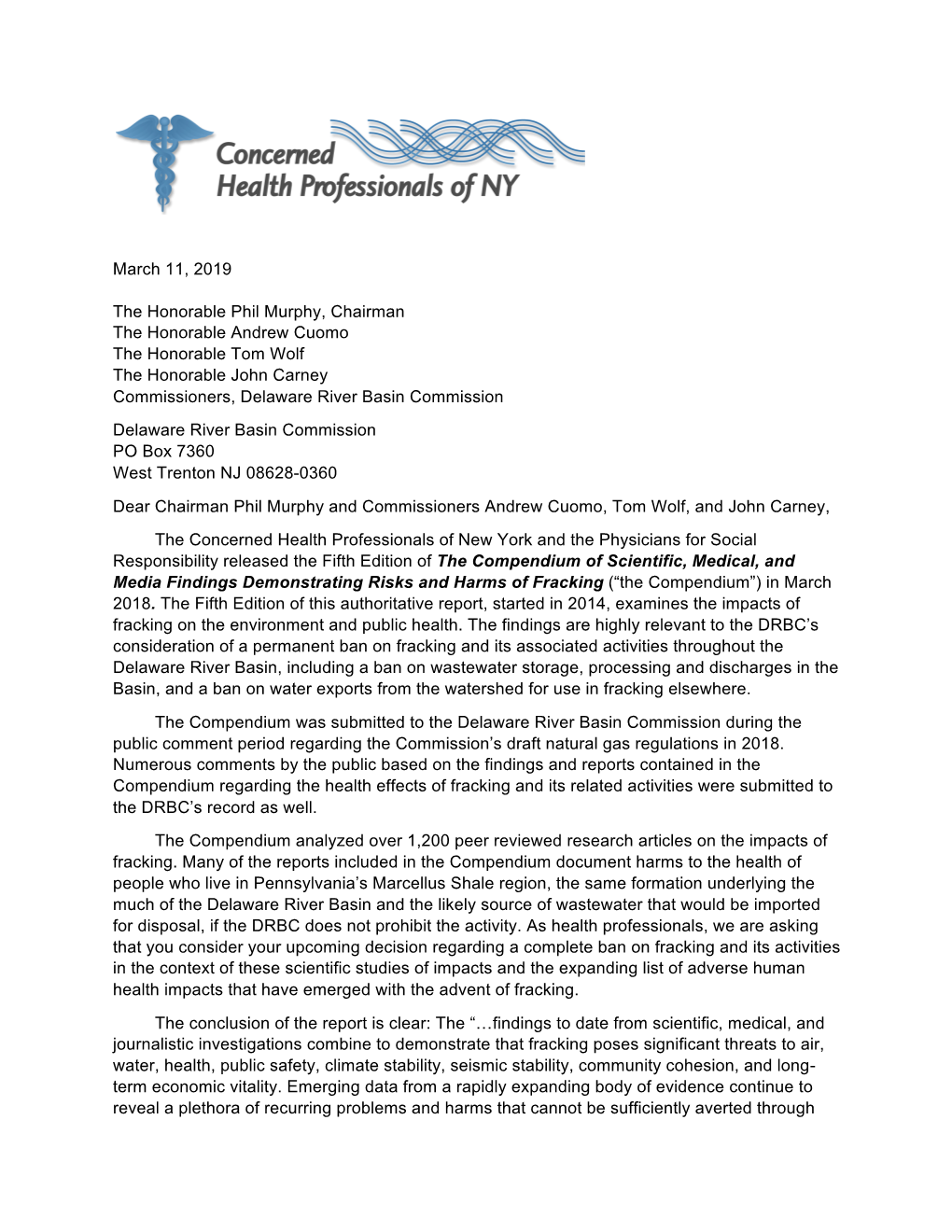 March 11, 2019 the Honorable Phil Murphy, Chairman the Honorable Andrew Cuomo the Honorable Tom Wolf the Honorable John Carney