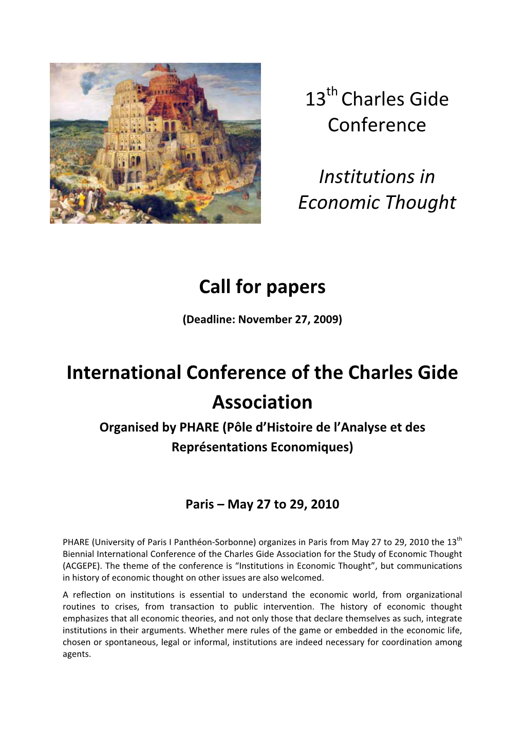 Institutions in Economic Thought Call for Papers