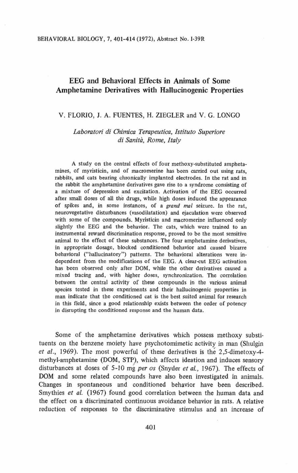 EEG and Behavioral Effects in Animals of Some Amphetamine Derivatives with Hallucinogenic Properties