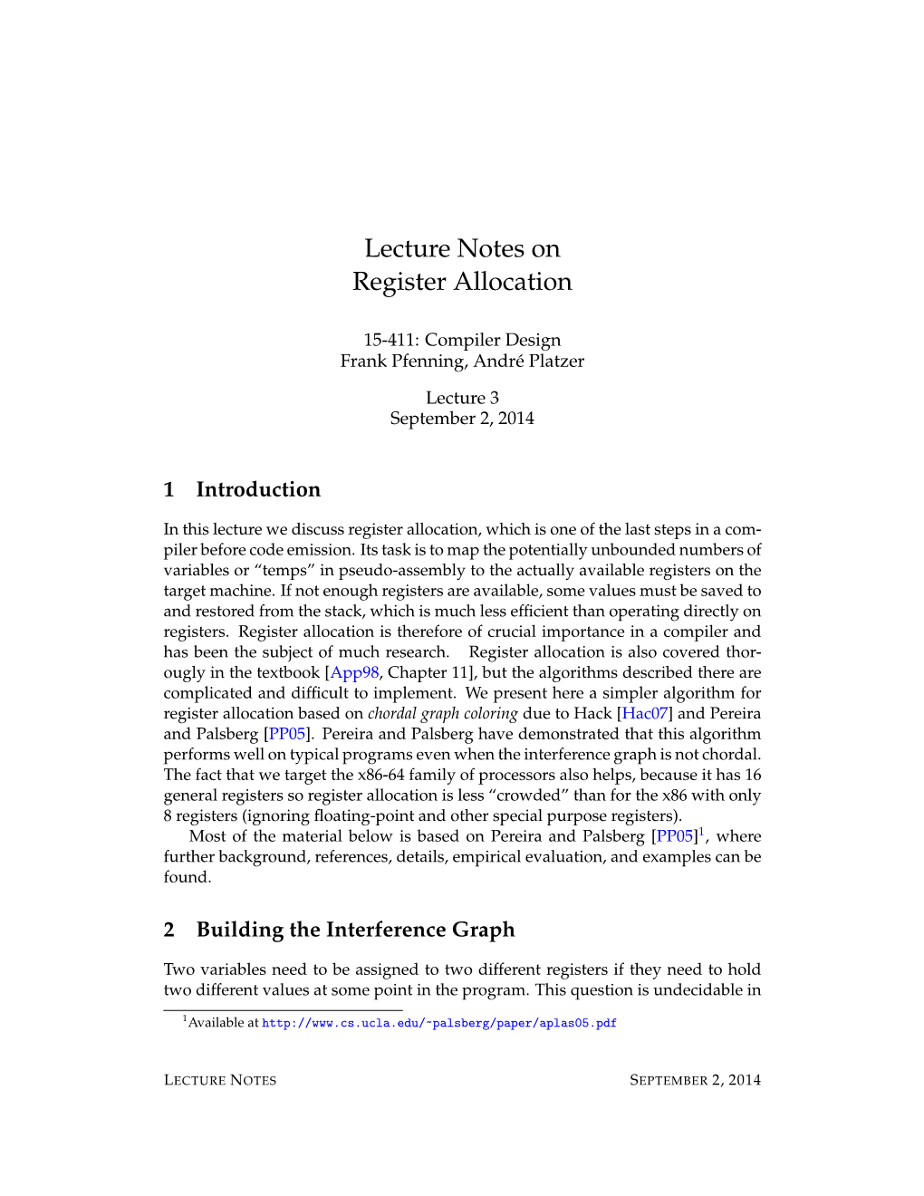 Lecture Notes on Register Allocation