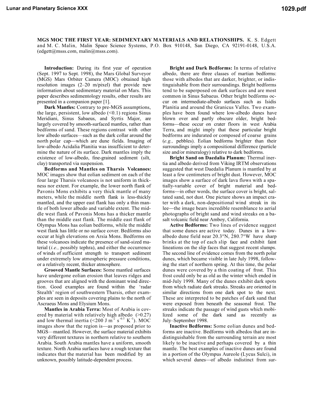 Mgs Moc the First Year: Sedimentary Materials and Relationships