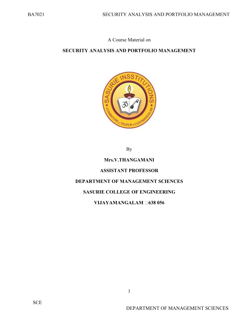 Ba7021 Security Analysis and Portfolio Management 1 Sce