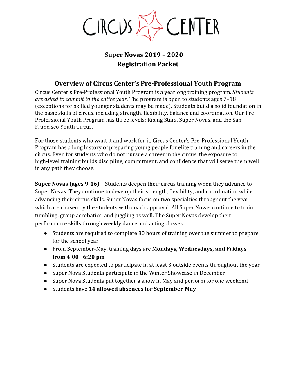 Super Novas 2019 – 2020 Registration Packet