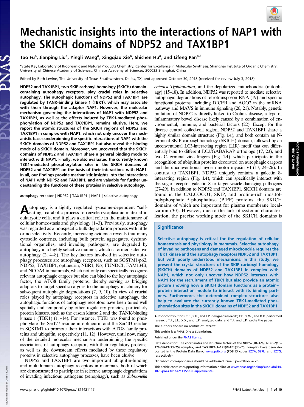 Mechanistic Insights Into the Interactions of NAP1 with the SKICH Domains of NDP52 and TAX1BP1