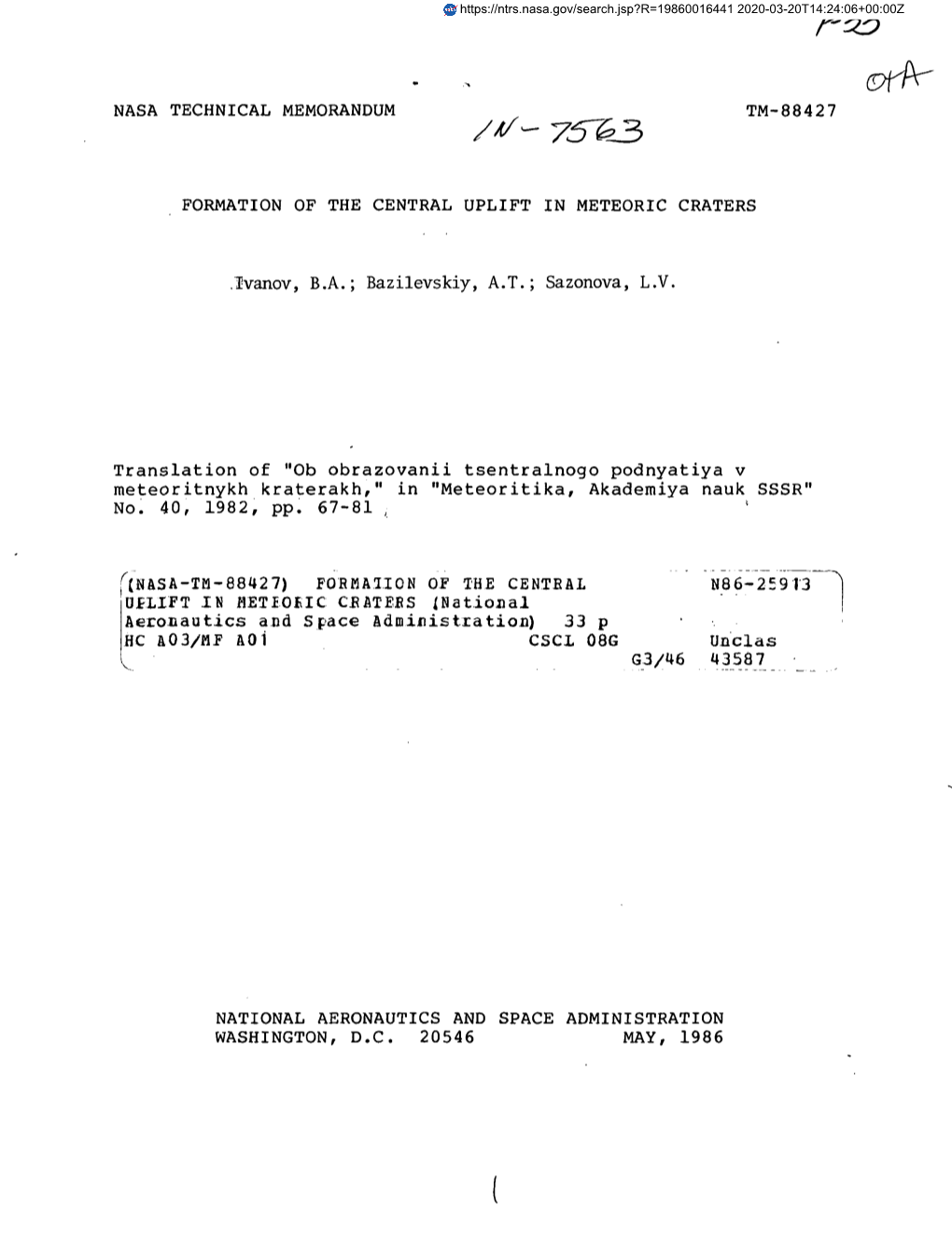 Nasa Technical Memorandum Tm-88427 Formation Of