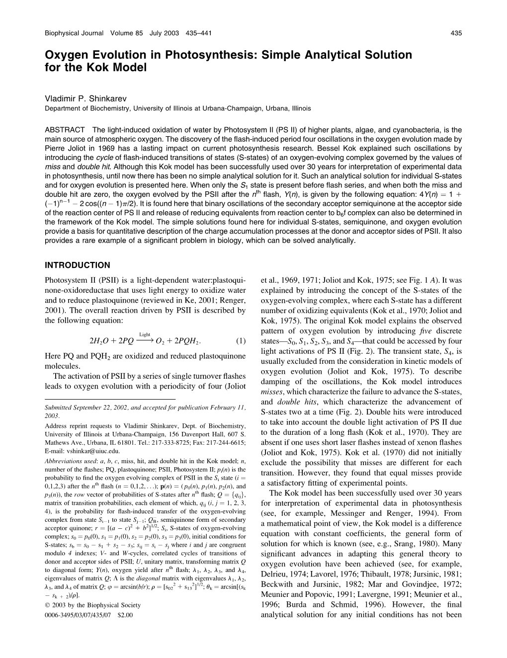 Oxygen Evolution in Photosynthesis: Simple Analytical Solution for the Kok Model