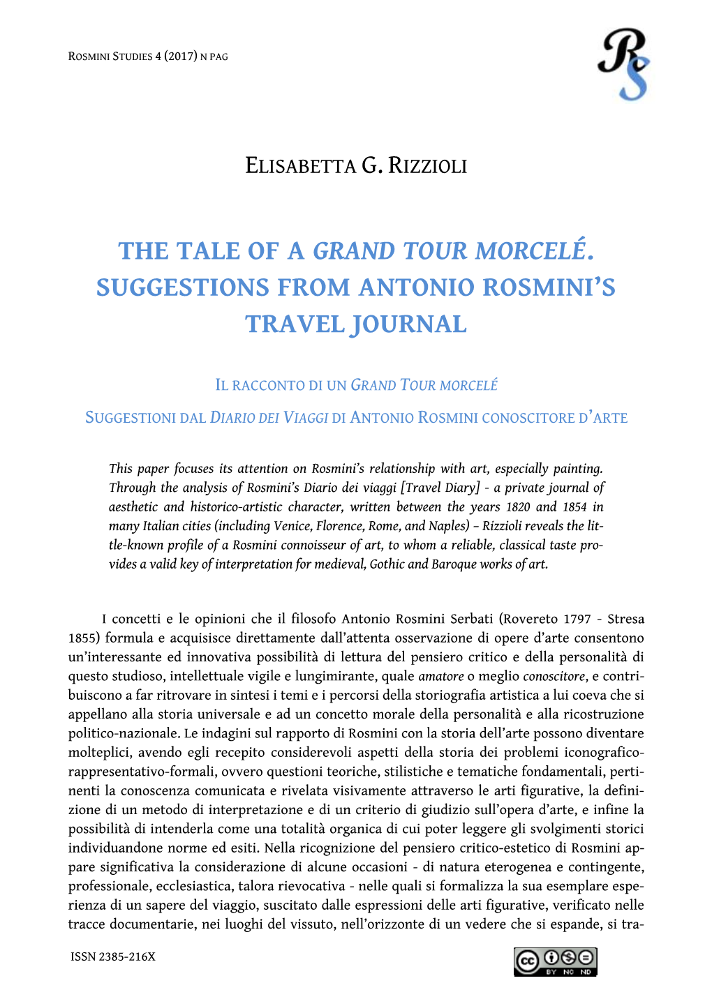 Il Racconto Di Un Grand Tour Morcelé Suggestioni Dal Diario Dei Viaggi Di Antonio Rosmini Conoscitore D’Arte