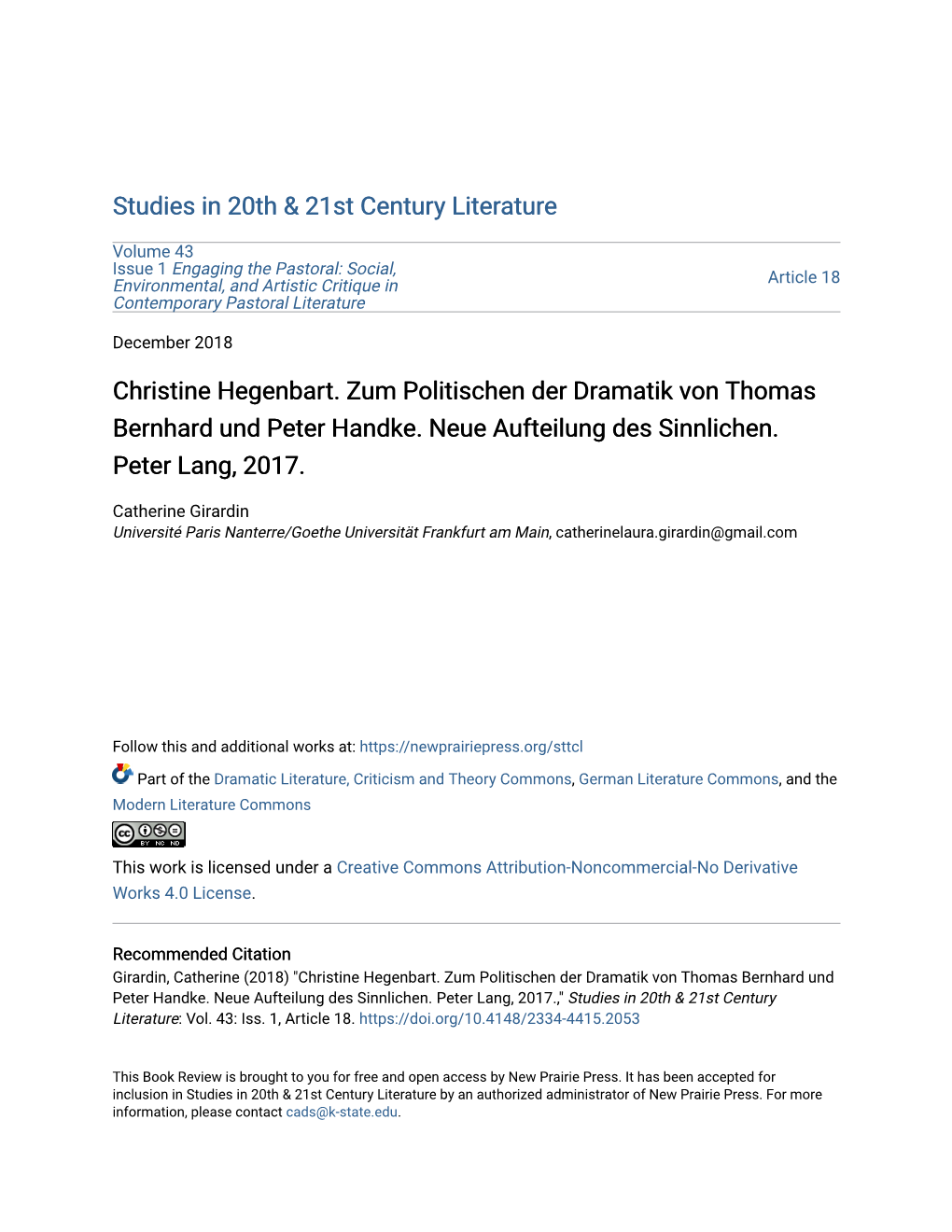 Christine Hegenbart. Zum Politischen Der Dramatik Von Thomas Bernhard Und Peter Handke. Neue Aufteilung Des Sinnlichen. Peter Lang, 2017