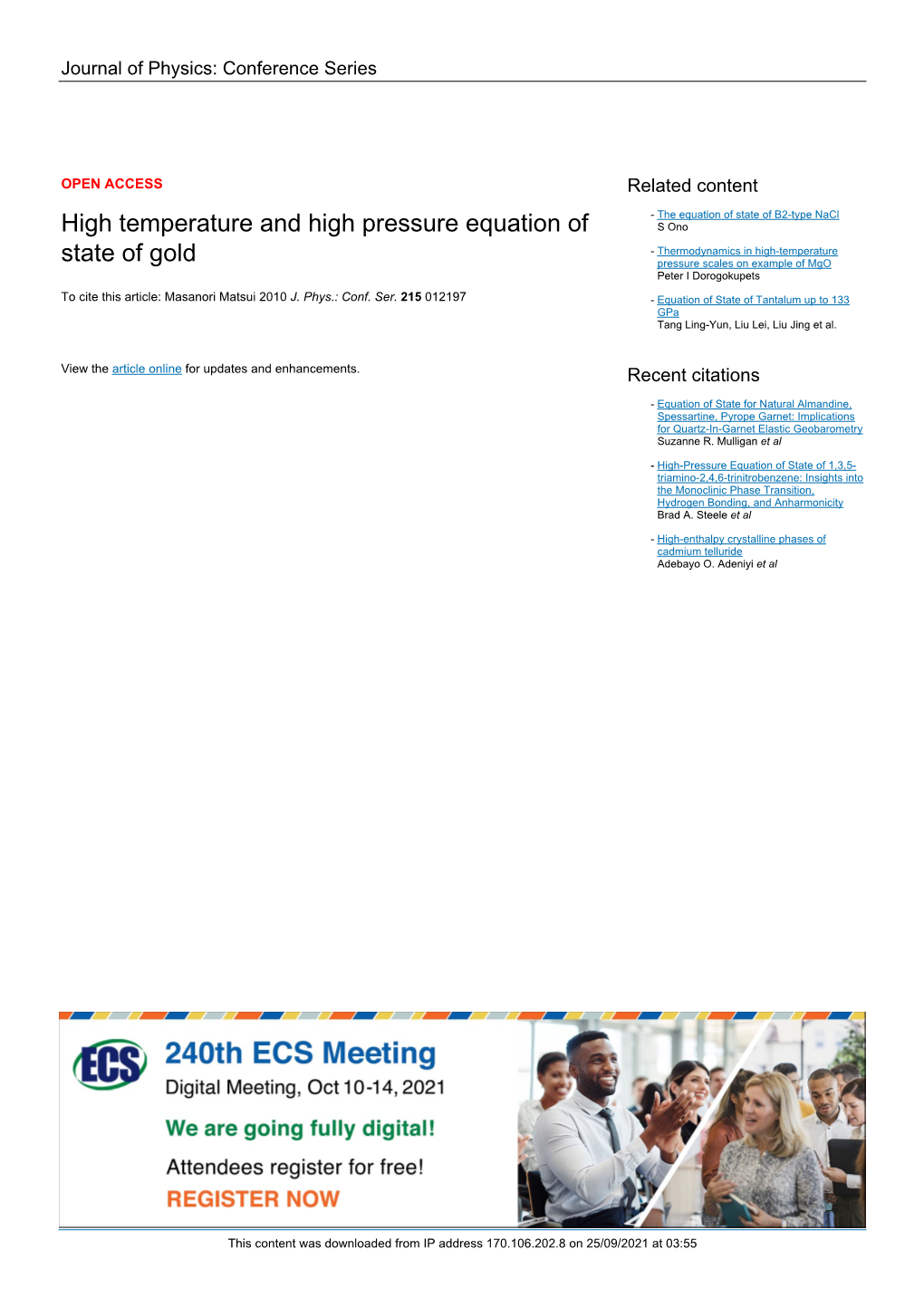 High Temperature and High Pressure Equation of State of Gold