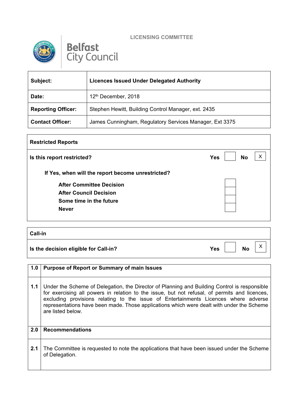 Licences Issued Under Delegated Authority Date