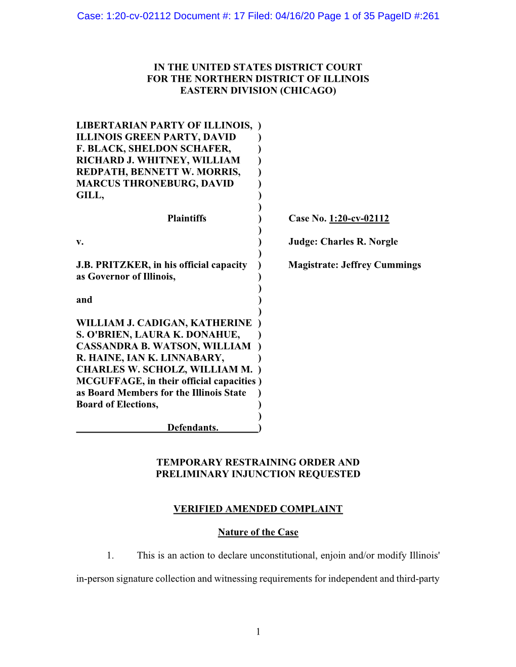 Case: 1:20-Cv-02112 Document #: 17 Filed: 04/16/20 Page 1 of 35 Pageid #:261